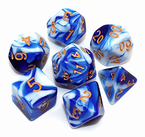 DND Polyhedral Dice Set for Dungeon and Dragons D&D RPG COC Role Playing Games Tabletop 7-Die Set with Dice Bag (Blue Mix White) - color: Blue Mixed White