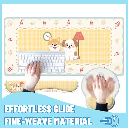 Cute Dogs Desk Mat Set Cozy Cartoon Room Large Mouse Pad with Wrist Rest 4-in-1 Desk Mat for Desktop Ergonomic Computer Desk Arm Wrist Anti-Slip Computer Ergonomic Mouse Pad Home Office Gaming - color: Cute Dogs, size: 34.5" x 15.7"