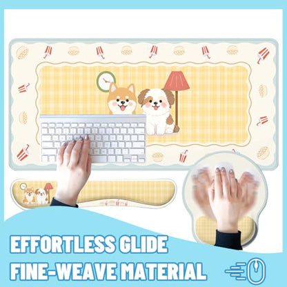 Cute Dogs Desk Mat Set Cozy Cartoon Room Large Mouse Pad with Wrist Rest 4-in-1 Desk Mat for Desktop Ergonomic Computer Desk Arm Wrist Anti-Slip Computer Ergonomic Mouse Pad Home Office Gaming - color: Cute Dogs, size: 34.5" x 15.7"