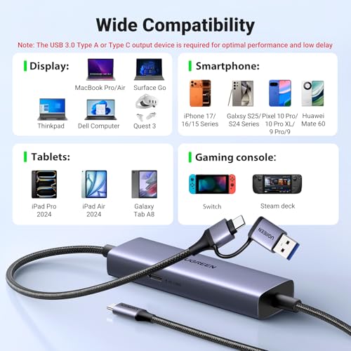 UGREEN 2K 30FPS 1080P 60FPS USB C Video Capture Card for Streaming, Gaming | 100W Power Delivery, Type C to 4K USB3.0, Compatible with Switch 2, iPad, Quest 3, Steam Deck, iPhone 17