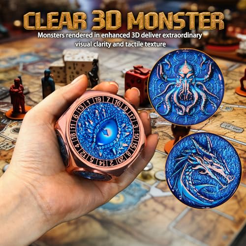 ZHOORQI 8-in-1 DND Dice Set – Metal Spinner Dice with Dual D20, 3D Monster Engravings & Smooth Spinning – Perfect for TTRPG, D and D Dungeons and Dragons Gifts(Copper Blue) - color: Copper Blue
