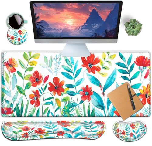 Large Gaming Mouse Pad+ Keyboard Wrist Rest Set, Ergonomics Memory Foam Mouse Mat Wrist Rest Support for Home Office, Waterproof Extended Mousepad 31.5x11.8in, Red Flowers White Desk Pad - color: Yvb-mousepad-9-f-156
