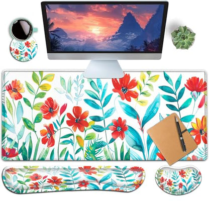 Large Gaming Mouse Pad+ Keyboard Wrist Rest Set, Ergonomics Memory Foam Mouse Mat Wrist Rest Support for Home Office, Waterproof Extended Mousepad 31.5x11.8in, Red Flowers White Desk Pad - color: Yvb-mousepad-9-f-156