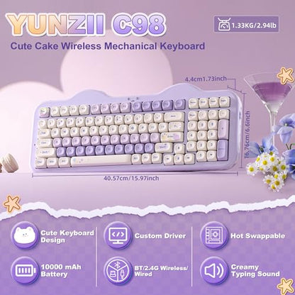 YUNZII C98 Cute Cake Wireless Mechanical Keyboard (Purple, Candy Switch) | 99 Keys with Number Pad, Hot Swap, PBT MOA Keycaps, BT5.0/2.4G/USB-C, Gasket Mount, Custom RGB Backlit for Win/Mac - color: Purple, size: Candy Linear Switch