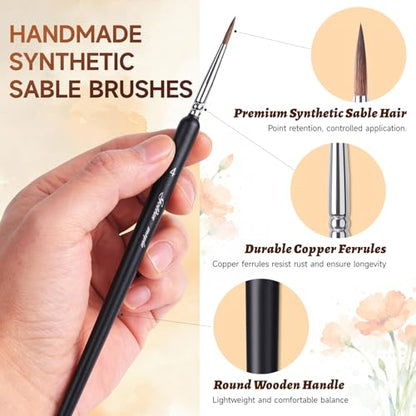 Professional Sable Hair Detail Paint Brush Set - 6 Miniature Art Brushes for Fine Detailing & Art Painting - Acrylic, Watercolor, Oil - Miniatures, Models, Black - color: Black