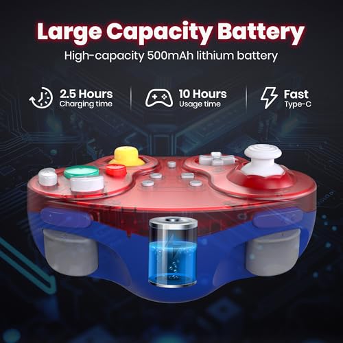 2.4 GHz Wireless USB GameCube Controller for Switch 1 & 2, PC, Clear Red | (Built-in Vibration) (Rechargeable) (Analog Triggers / Stick) Compatible with Switch Online, Windows PC, macOS