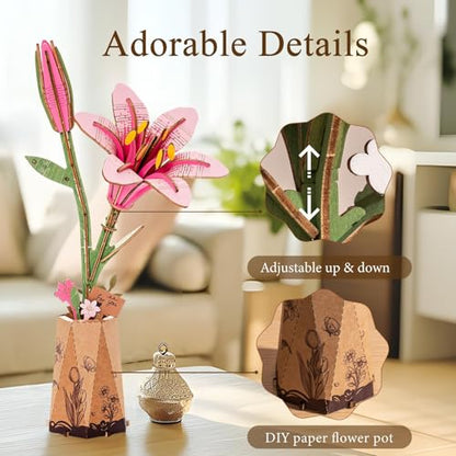 Rowood Wooden Flower Kit,DIY Artifical Flower Building Set Craft Kit for Adults,Mother's Day/Valentine's Day for Mom/Women/Grandma-Pink Lily - style: Pink Lily