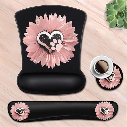 Mouse Pad with Wrist Support, Ergonomic Gel Mouse Pad, Memory Foam Keyboard Wrist Rest,for Office Typing, Games, Desktop Decoration, Sunflower and Dog Paw Print Pet and Pink Flowers - color: Jv-mouse Pad-29