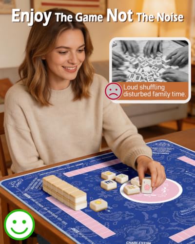 Mahjong Mat Table with Rules Mah Jong Mat Neoprene Travel Chinoiserie Floral Majong Learning Mat Instructions Mahjong Gifts Women Unique Non-Slip Rubber Pad, 31.5" x 31.5", Blue Pink - color: Blue Pink, size: 31.5" x 31.5"