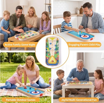 3-in-1 Wooden Tabletop Board Game - Portable Curling, Slingshot & Bowling Set for Kids & Family - Educational Montessori Toy, Screen-Free Indoor Fun, for Boys Girls Ages 3+