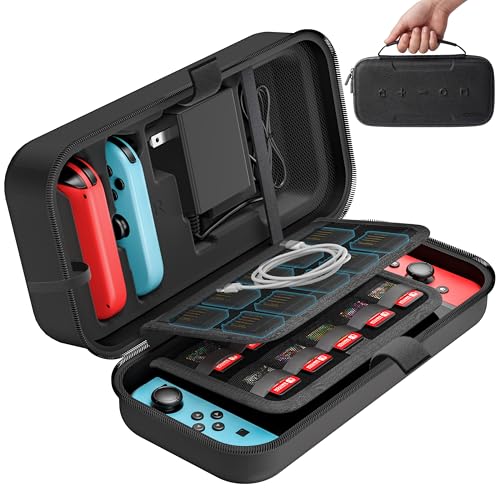 Switch Carrying Case Compatible with Nintendo & OLED, Portable Switch Travel Carry Case Fit for Joy-Con and Adapter, Hard Shell Protective OLED Pouch Bag with 20 Games, Black - color: Black, size: 2017 inches