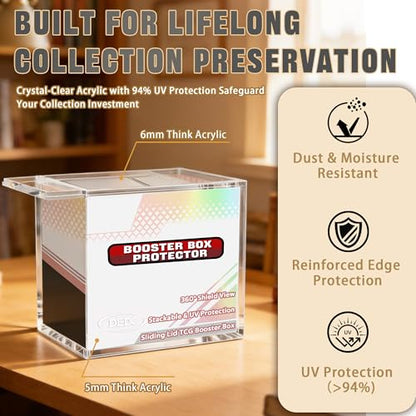 DEDC 4 Pack Acrylic Booster Box Case Magnetic Lid 6 mm Clear | 99% UV Protection with 6 mm Clear Acrylic for Standard English Booster Boxes Inner Size 14.2 X 8.3 X 12.5 cm - size: 4 Pack Booster Box Case