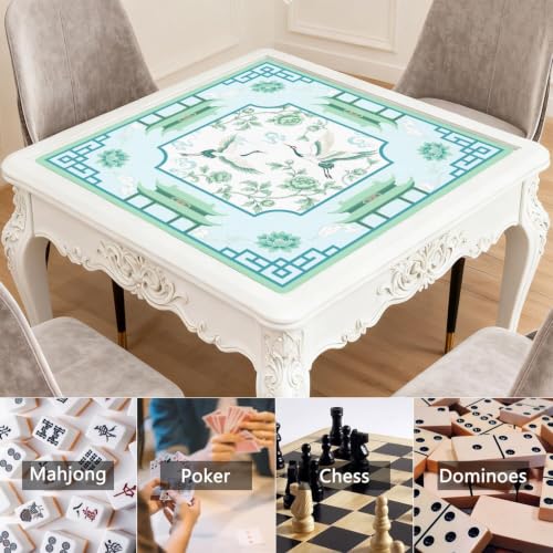 Chinoiserie Green Mahjong Mat for Table, 31.5*31.5in Anti Slip Mahjong Table Cloth, Noise Reduction, Neoprene Mah jongg Mat with Carrying Bag & 3 Dices, Mahjong Set Gift, Poker Board Tile Games Mats - color: Crane