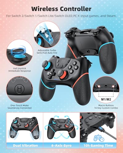Switch 2 Pro Controller Accessories Bundle for Nintendo Switch 2 (2025), MENEEA 21-in-1 Kits: Wireless Controllers,Carrying Case,Controller Charger Dock,Grips for Joy Con,Steering Wheels for Mario Kart,Protective Cover for Switch 2 (2* Black Controllers)