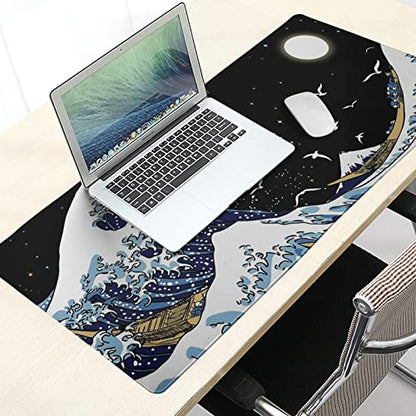 Kanagawa Surfing and Black Mouse Pad, Large Gaming Mouse Pad,Japanese Wave Desk Mat,Laptop Mousepad Non-Slip Rubber Desk Pad Keyboard Waterproof for Computer Desk Mat 11.8x31.5 in - color: Kanagawa Surfing, size: 11.8" x 31.5"