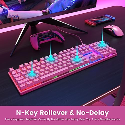RisoPhy Mechanical Gaming Keyboard, RGB 104 Keys Ultra-Slim Backlit USB Wired Keyboard with Blue Switch, Durable ABS Keycap/Anti-Ghosting/Spill-Resistant Mechanical Keyboards for PC Mac Xbox Game,Pink - color: Pink