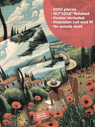 Puzzle for Adults 1000 Pieces, Art Jigsaw Puzzles, Colorfull Landscape Puzzles Girl in The Poppy Field, Mate Finish, Poster Included 1000 piece Puzzle for Adults. - color: Girl in the Poppy Field