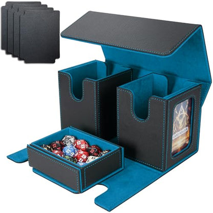 AFIING MTG Commander Card Storage Box - Fits 200 Double Sleeved Cards,3-in-1Card Deck Case,Strong Magnet Card Organizer For Magic Commander TCG CCG,4Dividers &2 Toploaders, Black/Cyan - color: Black Cyan