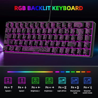 Snpurdiri 65% Wired Small Gaming Keyboard RGB 68-Key (Black) | Mini Gaming Keyboard Backlit Ultra-Compact , for PC/Mac Gamer, Typist, Travel, Easy to Carry on Business Trip - color: black