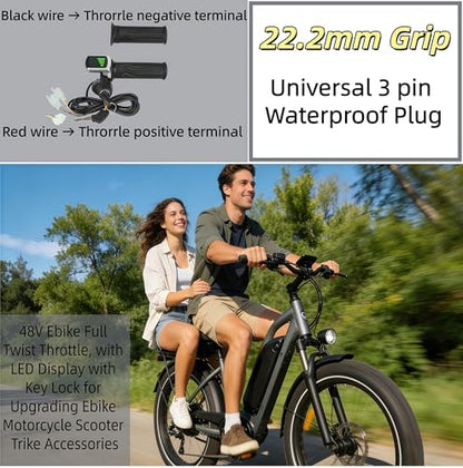 48V Ebike Full Twist Throttle, with LED Display with Key Lock | 7/8-inch (22mm) handlebars, Constructed from ABS + rubber with anti-slip texture, for Ebike Motorcycle Scooter