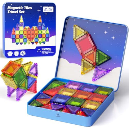 Mini Magnetic Tiles Travel Kit: 60Pcs Airplane Activities & Road Trip Toys | Visual Storage Box & Metal Play Base - Portable STEM Sensory Building Blocks for Toddlers & Kids Ages 3-8 - style: Mini Magnetic Tiles Travel Construction Set - 60PCS