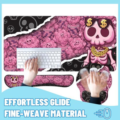 Pink Skull Desk Mat Set Cute Goth Aesthetic Large Mouse Pad with Wrist Rest 4in1 Desk Mat for Desktop Ergonomic Computer Desk Arm Wrist Anti-Slip Computer Ergonomic Mouse Pad Home Office Gaming - color: Pink Skull