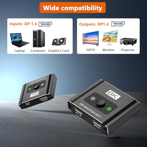 DisplayPort Switch 2 in 1 Out, 8K@60Hz DP 1.4 Switcher Selector Box, Unidirectional Display Port Switcher for Dual PCs & Gaming Consoles, 4K@144Hz DP Switch with DSC Support (DP Cables Not Included) - size: Displayport Switch
