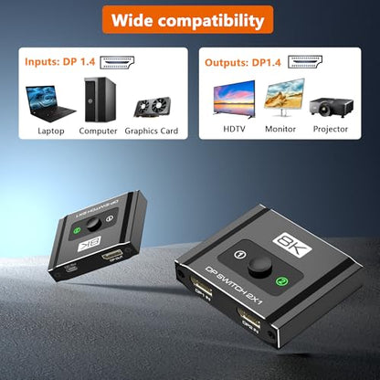 DisplayPort Switch 2 in 1 Out, 8K@60Hz DP 1.4 Switcher Selector Box, Unidirectional Display Port Switcher for Dual PCs & Gaming Consoles, 4K@144Hz DP Switch with DSC Support (DP Cables Not Included) - size: Displayport Switch