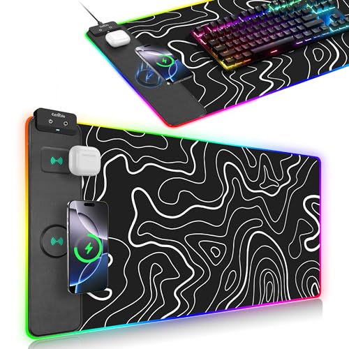 Wireless Charging Mouse Pad, RGB Gaming Mousepad, 31.5"x15.7" in | Extra Large Desk Mat, 13 Light Modes, Non-Slip Rubber Base, Waterproof Computer Keyboard Mat, Black Topographic Line - color: Black Topographic