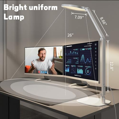 LED Desk Lamp for Home Office, Soft Edge-lit Design, Modern Style | Professional Eye-Caring Diffused Light, Dimmable Computer Light with 30 Modes, Memory & Timer, Flexible Swing Arm Table Lamp - color: White