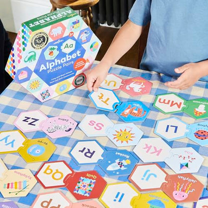eeBoo Hexagon Puzzle Pairs - Alphabet, 33 Self-Correcting Pairs, Match Pictures to Letters, Pre-Reading Activity for Preschool Kids Ages 3 and up - style: Alphabet