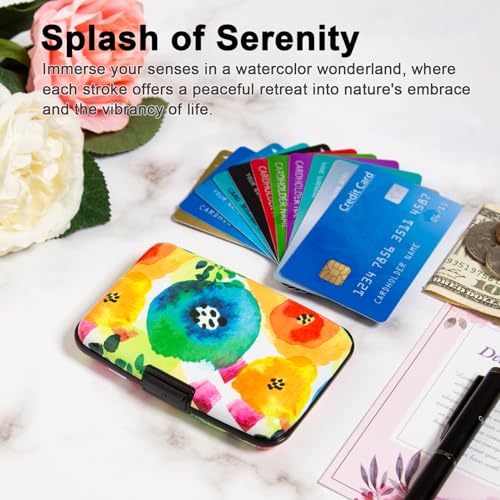 Credit Card Holder Small RFID Blocking Wallet Business Metal Slim Mini Aluminum Hard Case for Women Men - color: Abstract Watercolor Flowers