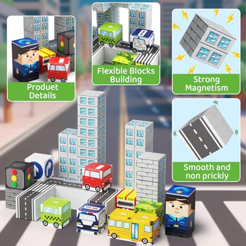 City Traffic Magnetic Blocks Set Travel Toys with Carrying Case | 35PCS STEM Toys for Kids Ages 3-8 Child-Safe with Fully Encased Magnets Car/Airplane Toddler Toy Birthday - style: City Traffic 35
