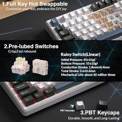 Aula L99 Wireless Mechanical Keyboard with Smart Touch Screen,Tri-Mode Hot Swappable Custom Gaming Keyboard,RGB Backlit,PBT Keycap,Gasket Mount Creamy Sounding Computer Keyboards for Office PC,84 Keys - color: White&Gray&Blue