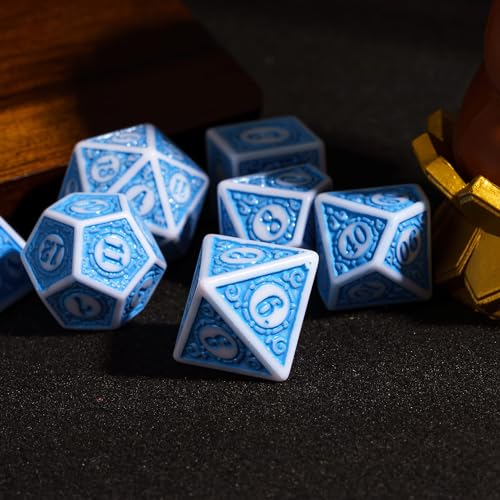 7PCs DND Dice Set, Unique Window Lattice Pattern D&D Dice Set with Leather Die Bag, Polyhedral Die for RPG Table Games (Blue/White) - color: Blue With White Edge