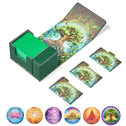 Card Deck Box For MTG Commander, Fits 100 Double-Sleeved Cards, Premium Leather, TCG Deck Box For Magic EDH, Magnetic Case with 3 Dividers & Dice Storage Box (Mythical Forest) - color: Mythical Forest, style: Deluxe