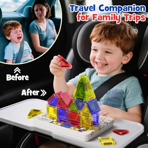 Mini Magnetic Tiles Travel Toys: Airplane Activities for Kids 3-8 | 40pcs Metal Box Play Base & Visual Storage Guide - Road Trip Essentials for Toddlers Quiet Games Portable Sets Must Haves - style: Glossy Surface Mini Magnetic Tiles - 40 PCS
