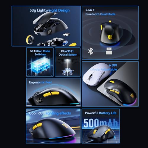 Transformers Gaming Mouse GM04 Pro, Wireless Gaming Mouse Tri-Mode Bluetooth/2.4G/Wired, 53g Ultra-Light, 24,000 DPI PAW3311 Sensor, RGB, 1000Hz, Rechargeable PC Gaming Mouse (Black) - color: Black