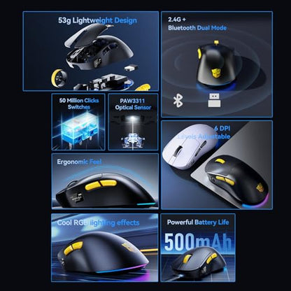 Transformers Gaming Mouse GM04 Pro, Wireless Gaming Mouse Tri-Mode Bluetooth/2.4G/Wired, 53g Ultra-Light, 24,000 DPI PAW3311 Sensor, RGB, 1000Hz, Rechargeable PC Gaming Mouse (Black) - color: Black