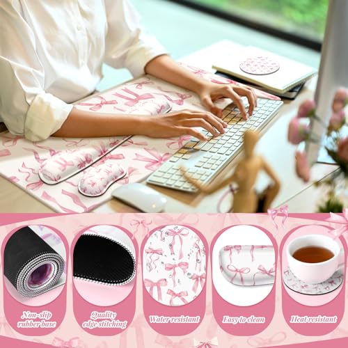 Relaxweex 4 Pcs Pink Bow Keyboard Mat and Mouse Pad Set Coquette Desk Mat Bowknot Mouse Pad with Wrist Rest Cute Keyboard Wrist Rest Preppy Cup Coasters Pink Ergonomic Design for Office Table Computer