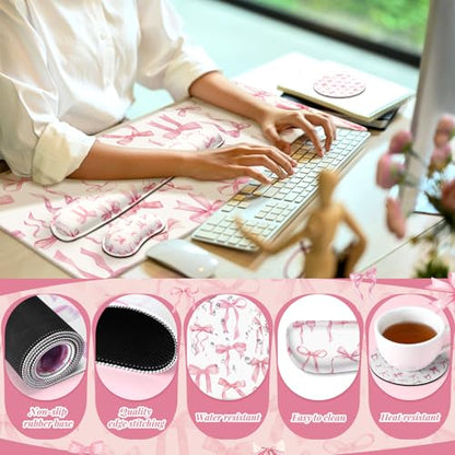 Relaxweex 4 Pcs Pink Bow Keyboard Mat and Mouse Pad Set Coquette Desk Mat Bowknot Mouse Pad with Wrist Rest Cute Keyboard Wrist Rest Preppy Cup Coasters Pink Ergonomic Design for Office Table Computer