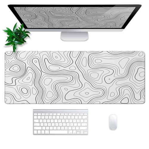 Topographic Contour Gaming Mouse Pad White Large Mouse Pad for Keyboard and Mousepad Desk Mat with 3mm Non-Slip Base and Stitched Edge for Gaming and Office Computer Mat Protector Mat 31.5x11.8 Inch - color: White Topographic Contour