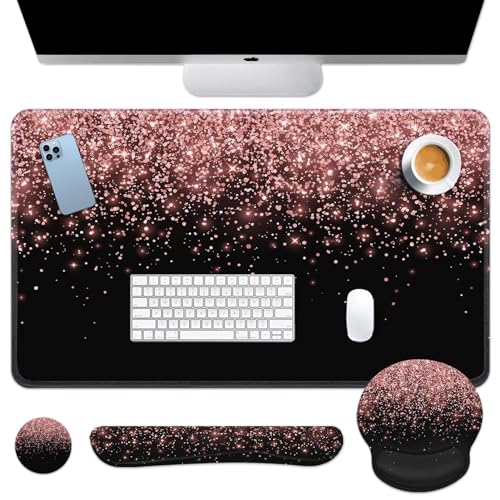 Britimes Rose Gold Pink Keyboard Mouse Pad Set Black Golden 4in1 Large Mousepad+Keyboard Wrist Rest+Mouse Wrist Rest+Coaster Ergonomic Design for Home Office Computer 35.4x15.7 inches - color: Rose Gold Pink