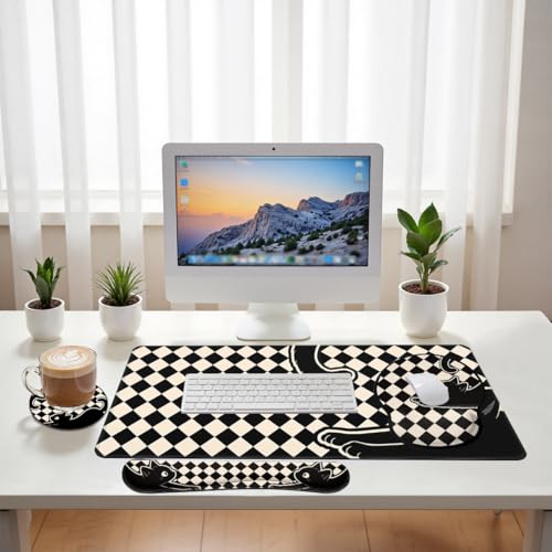 Black Cat Desk Mat Set Minimal Checkerboard Large Mouse Pad with Wrist Rest 4-in-1 Desk Mat for Desktop Ergonomic Computer Desk Arm Wrist Anti-Slip Computer Ergonomic Mouse Pad Home Office Gaming - color: Minimal Black Cat, size: 34.5" x 15.7"