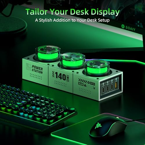 E-Tank 7-in-1 Desktop Charging Station, 140W Max GaN USB-C Charger | 3 AC Outlets, 3 USB-C Ports, 1 USB-A Port, PD 3.1 Fast Charging, Smart Power Sharing, RGB Lighting, Desk Power Hub - color: 140W Charger Station - Gray