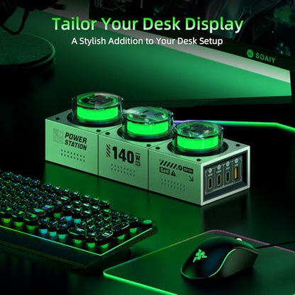 E-Tank 7-in-1 Desktop Charging Station, 140W Max GaN USB-C Charger | 3 AC Outlets, 3 USB-C Ports, 1 USB-A Port, PD 3.1 Fast Charging, Smart Power Sharing, RGB Lighting, Desk Power Hub - color: 140W Charger Station - Gray
