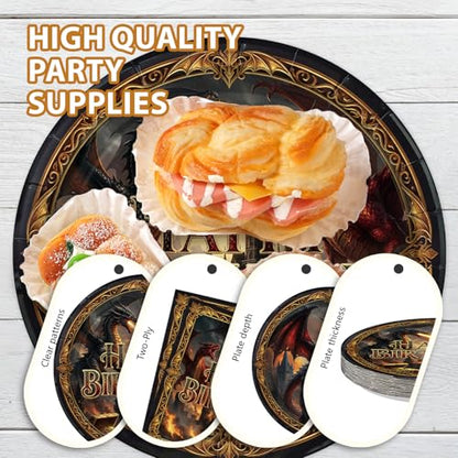 96 Pcs Dragon Themed Birthday Party Decorations, Serves 24 | Medieval Fire Dragon Castle Plates and Napkins Fantasy Knight Theme Tableware Set for Boys Man Girls Party Supplies - style: Treasure Western Dragon Plates m