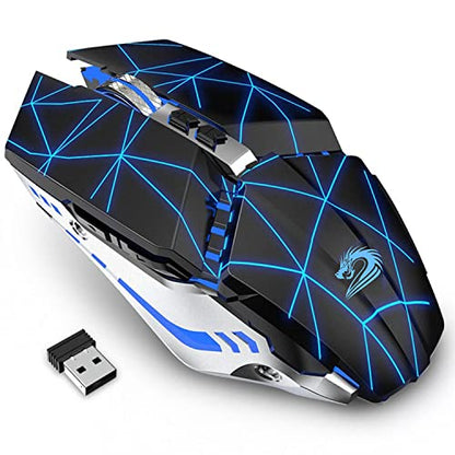 TENMOS T12 Wireless Gaming Mouse Rechargeable, 2.4G Silent Optical Wireless Computer Mice with Changeable LED Light for Laptop PC, 7 Buttons, 3 Adjustable DPI (Starry Black) | 2.4GHz Optical, 7 Color LED Lights, Quiet Click,Side Buttons,3 Adjustable DPI,E