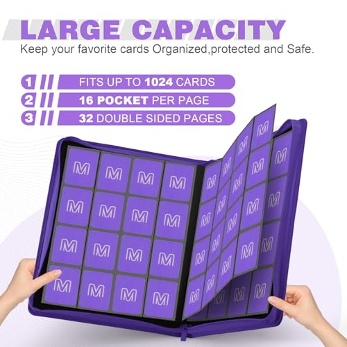 Premium Card Binder 16 Pocket,Trading Card Binder Holds up to 1000+Cards Sturdy Card Collection Album, Card Holder Folders for MTG, TCG, Game Cards & Sports Cards - color: 16 Purple