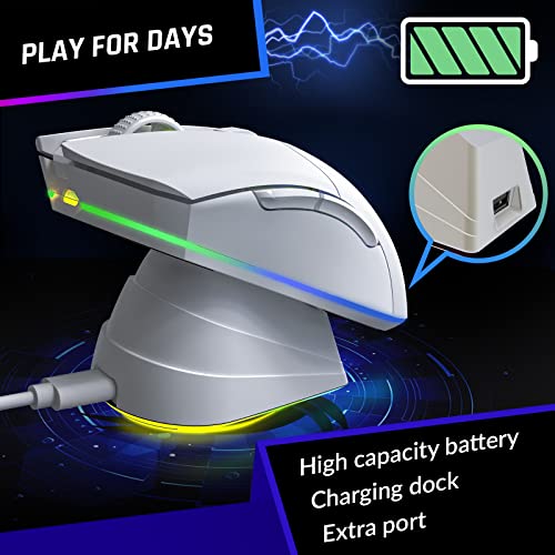 KLIM Blaze Pro Rechargeable Wireless Gaming Mouse with Charging Dock RGB - New Version - High-Precision Sensor and Long-Lasting Battery - Up to 6000 DPI - Great PC Gaming Mouse Wireless - White - color: White